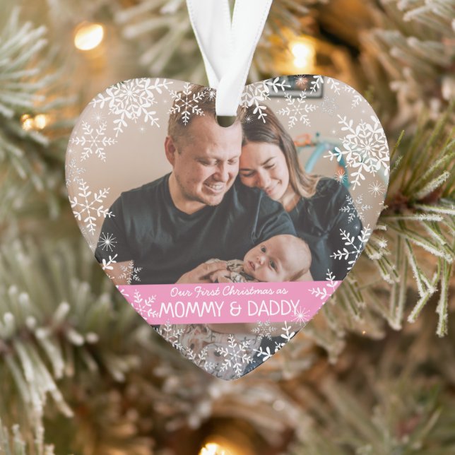 Neue Eltern Erste Weihnachtsschneeflocken Rosa Fot Ornament (Baum)