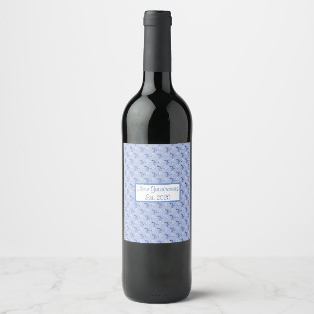 Neue Großeltern Est. 2020 Blaue Storchmuster Wein Weinetikett (Vorderseite)