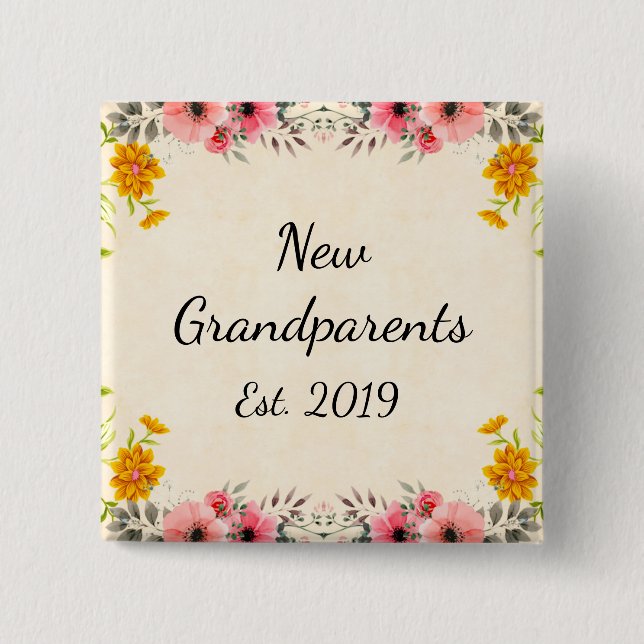 Neue Großeltern Est. Vintager Blumenknopf 2019 Button (Vorderseite)