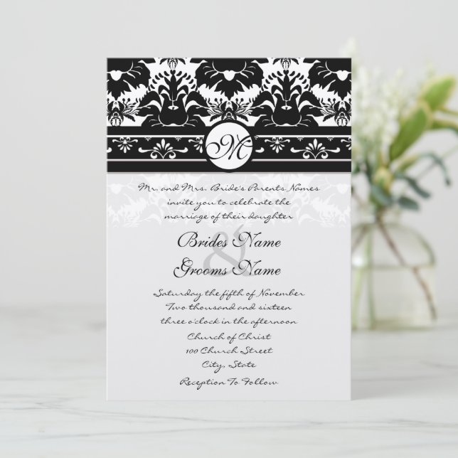 Neue Größen Black Damask Wirbel Hochzeitsfeier Einladung (Stehend Vorderseite)