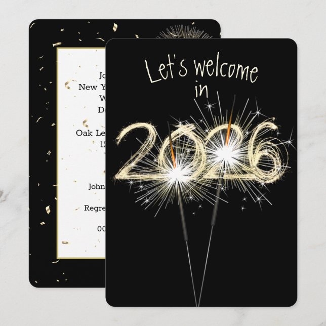 Neue Jahre 2026 Party-Sparkler Einladung (Vorne/Hinten)