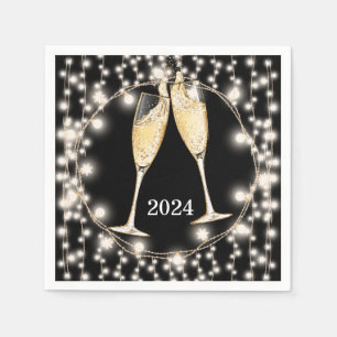 Neue Jahre Champagner Brille glänzen String Lights Serviette