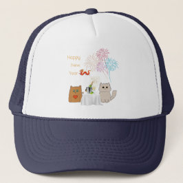 Neue Jahre Feuerwerke und Katzen Elegante Feier Truckerkappe