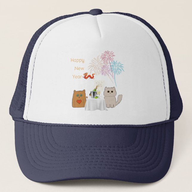 Neue Jahre Feuerwerke und Katzen Elegante Feier Truckerkappe (Vorderseite)