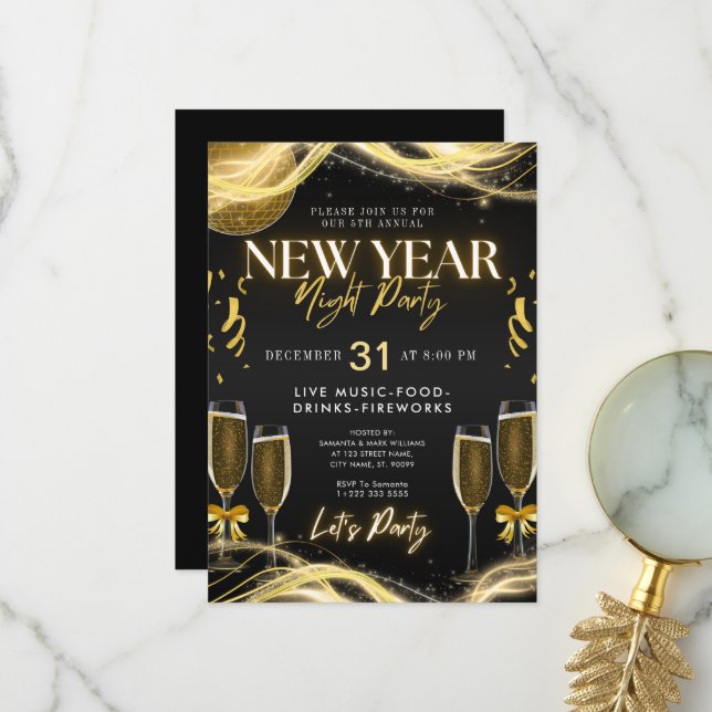 Neue Jahre Thema Gold & Black Party Einladung (Vorderseite/Rückseite Beispiel)