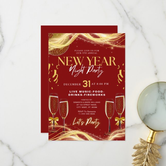 Neue Jahre Thema Gold & Red Party Einladung (Vorderseite/Rückseite Beispiel)