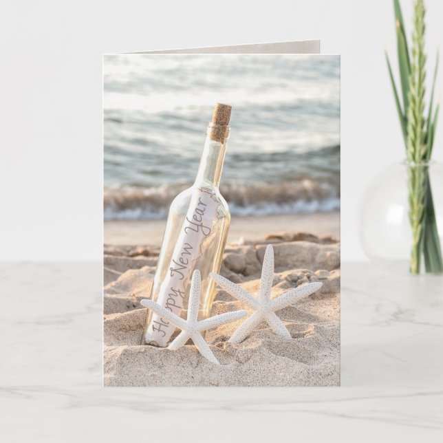 Neue Jahresnachricht in Flasche und Seestern Karte (Vorderseite)