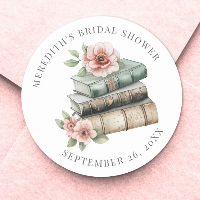 Neue Kapitel Blumenbuch Brautdusche Runder Aufkleber (New Chapter Floral Book Bridal Shower Classic Round Sticker)