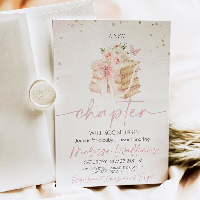 Neue Kapitel-Bogen-Wildblumen Schmetterlinge Baby  Einladung (A baby shower invitation with soft wildflowers, fluttering butterflies, and a satin pink bow, featur)