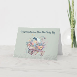 Neue Karte für Babyjungen mit Kinderwagen und Blum