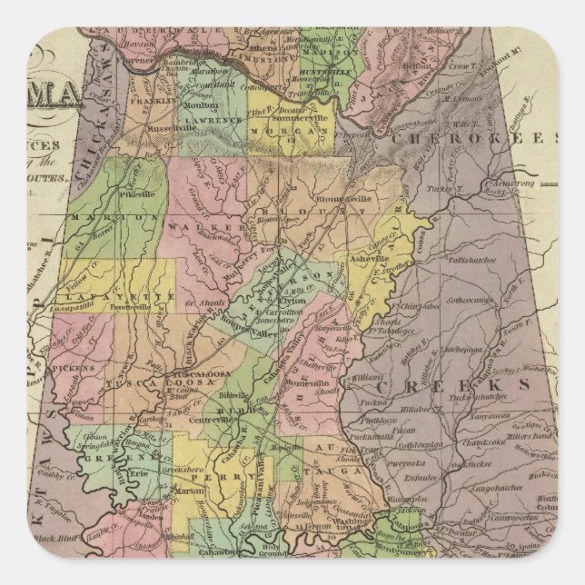 Neue Karte von Alabama Quadratischer Aufkleber (Vorderseite)