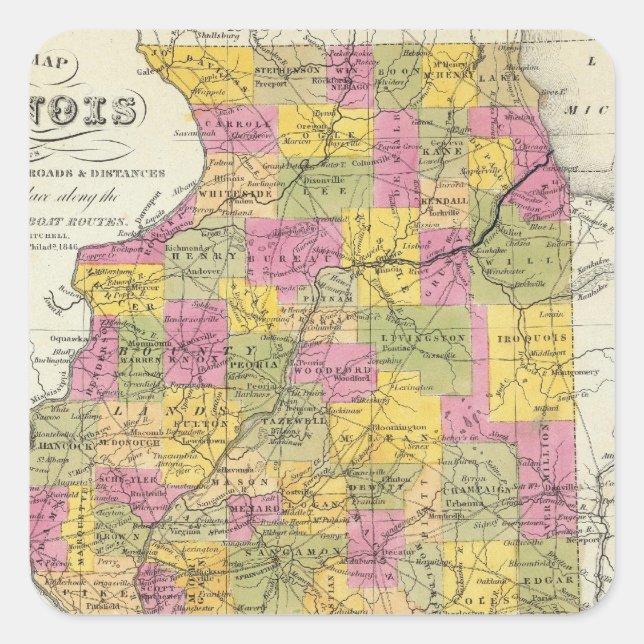 Neue Karte von Illinois Quadratischer Aufkleber (Vorderseite)