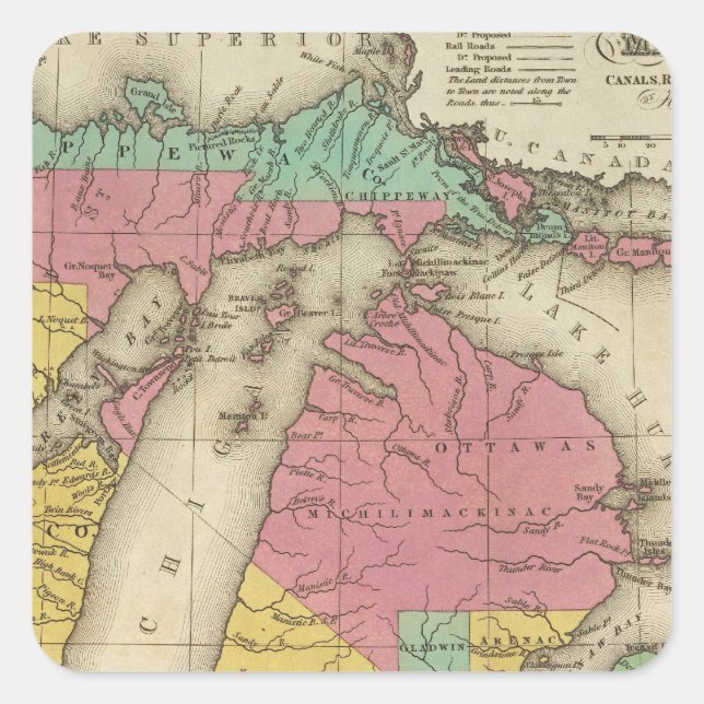 Neue Karte von Michigan Quadratischer Aufkleber (Vorderseite)