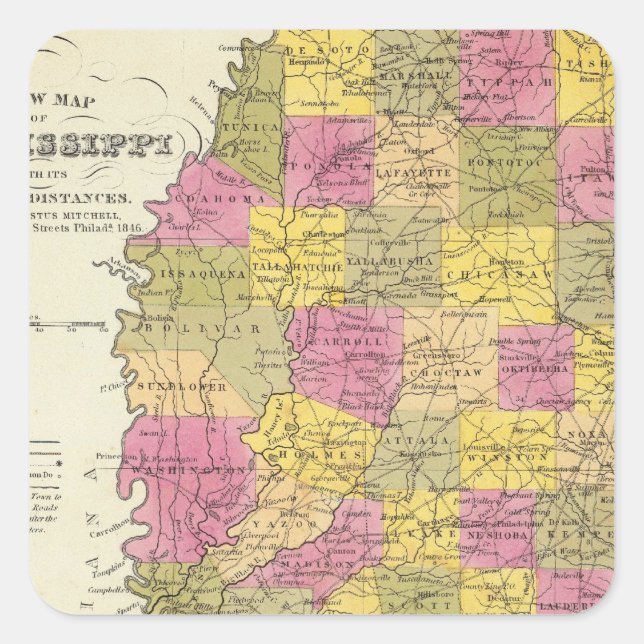 Neue Karte von Mississippi Quadratischer Aufkleber (Vorderseite)
