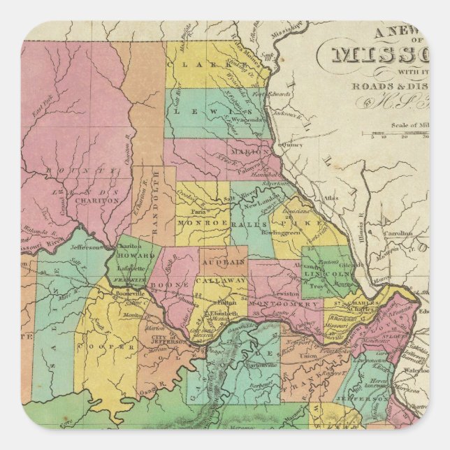 Neue Karte von Missouri Quadratischer Aufkleber (Vorderseite)