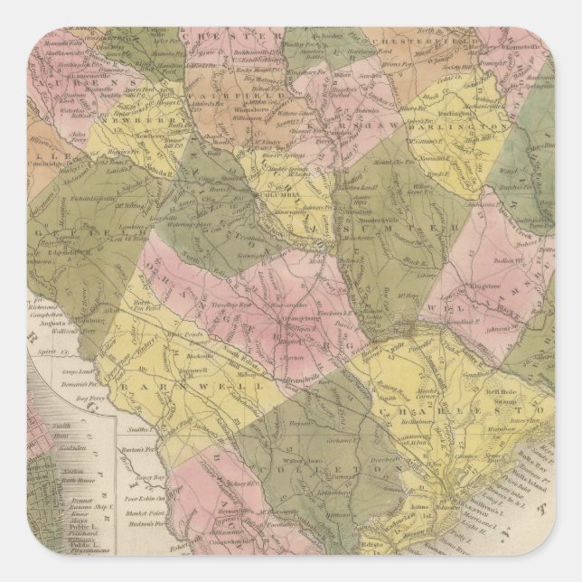 Neue Karte von South Carolina 2 Quadratischer Aufkleber (Vorderseite)
