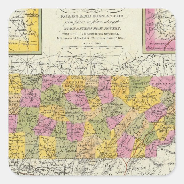 Neue Karte von Tennessee Quadratischer Aufkleber (Vorderseite)