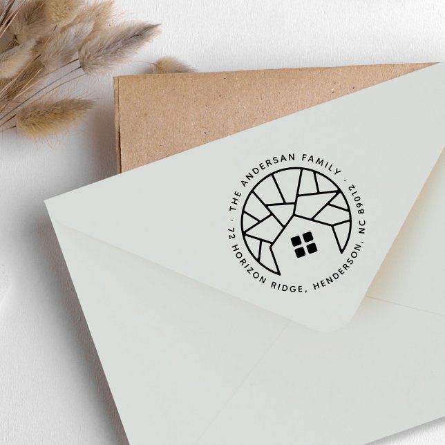 Neue Roots House Tree Familienname Rücksendeadress Gummistempel (Art Deco House Trees Family Name Return Address Rubber Stamp)