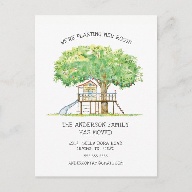 Neue Roots Treehouse Moving Announction Post Card Ankündigungspostkarte (Vorderseite)