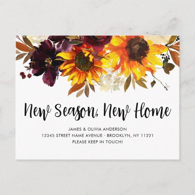 Neue Saison Neue Zuhause Herbst Herbstsonnenblume  Ankündigungspostkarte (Vorderseite)