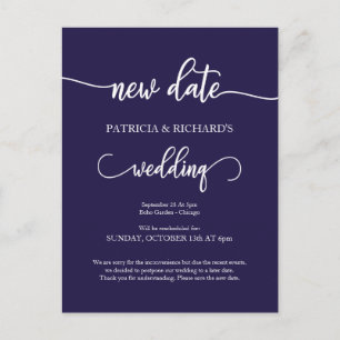 Neue Terminverschobene Hochzeitsankündigung Navy B Postkarte
