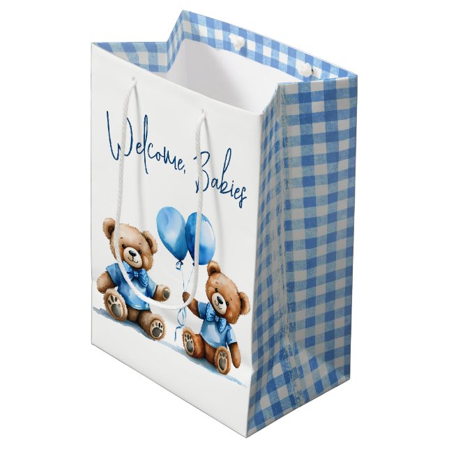 Neue Twin Boy Teddy Bären mit blauen Balloons Mittlere Geschenktüte (Vorderseite Schrägansicht)