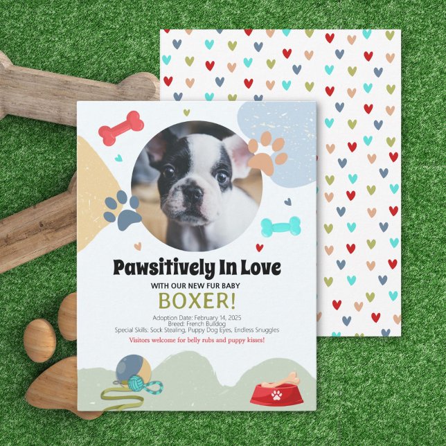 Neue Welpenankündigungskarte Ankündigung (Bright puppy announcement card with hearts, dog-themed details, and personalization for your new pup)