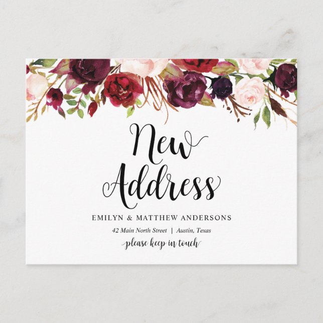 Neue Zuhause-Adresse, bordeauxfarbene Blüte, Ankün Postkarte (Vorderseite)