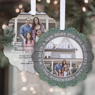 Neue Zuhause Adresse Grün & Holz 2 Foto Weihnachte Ornament Karte