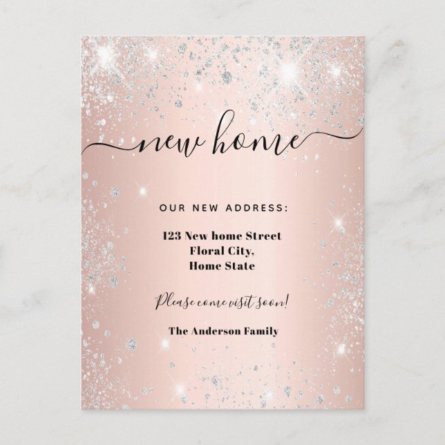 Neue Zuhause-Adresse Rose Gold Silber Glitzer Ankündigungspostkarte (Vorderseite)
