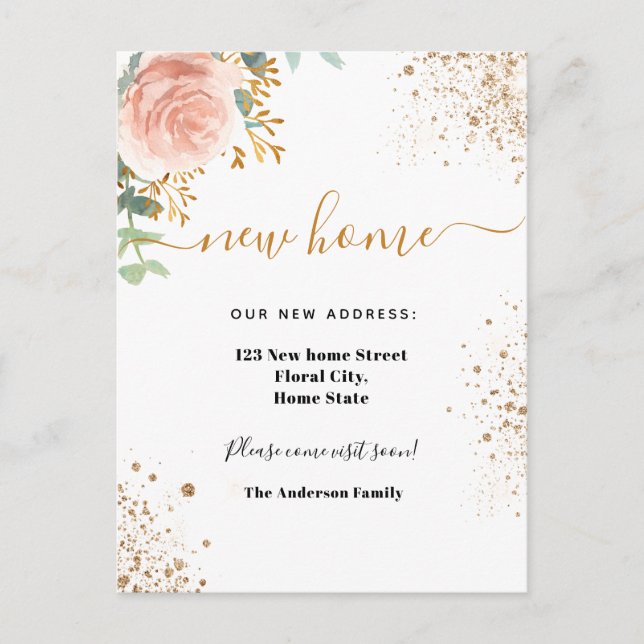 Neue Zuhause-Adresse Rose Goldflorale Eukalyptus Ankündigungspostkarte (Vorderseite)