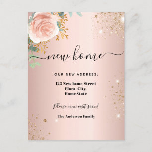 Neue Zuhause-Adresse Rose Goldflorale Eukalyptus Ankündigungspostkarte