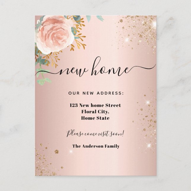 Neue Zuhause-Adresse Rose Goldflorale Eukalyptus Ankündigungspostkarte (Vorderseite)
