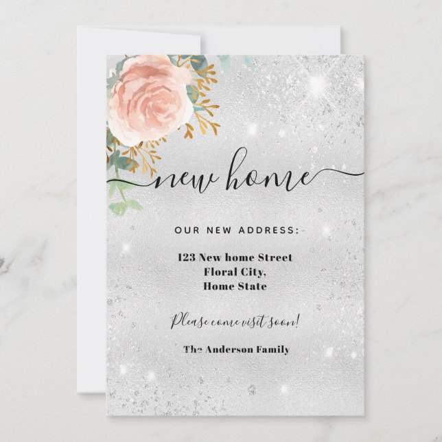 Neue Zuhause-Adresse Silberblmor-Rose Gold Glitzer Ankündigung (Vorderseite)