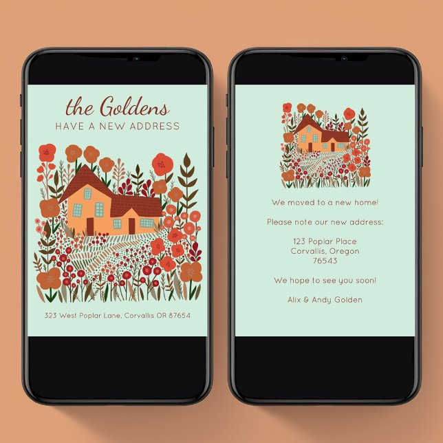 Neue Zuhause-Adresse Umzug Bauernhof-Blume Herbst Karte (New Home Address Moving Farmhouse Flowers Autumn Digital Email Tree-Free Card)