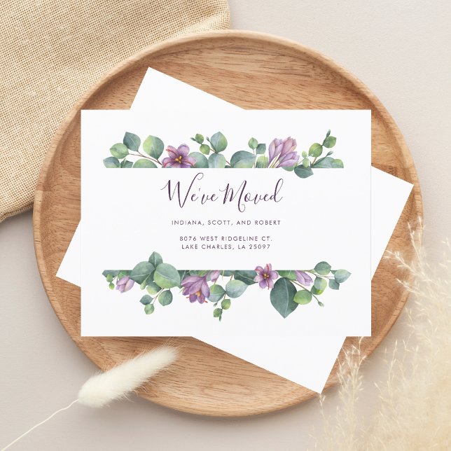 Neue Zuhause-Adresse Wir haben die Ankündigungskar (We Moved Watercolor Sage Green and Purple Moving Announcement)