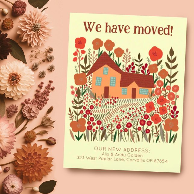 Neue Zuhause-Adresse Wir haben die Blume des Bauer Postkarte (We have moved address change new home moving announcement custom postcard w cute house & flowers )