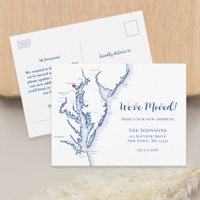 Neue Zuhause Baltimore Maryland Map Moving Ankündigungspostkarte (Baltimore MD Map We've Moved Moving Postcard with change of address from Coastal Map Designs)