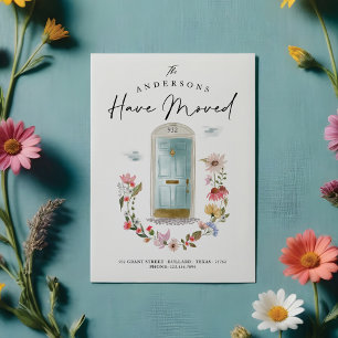 Neue Zuhause Blue Watercolor Door Wildblume Floral Ankündigung