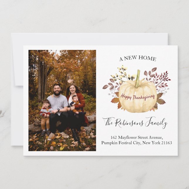Neue Zuhause Erntedank Pumpkin Foto Holiday Moving Ankündigung (Vorderseite)