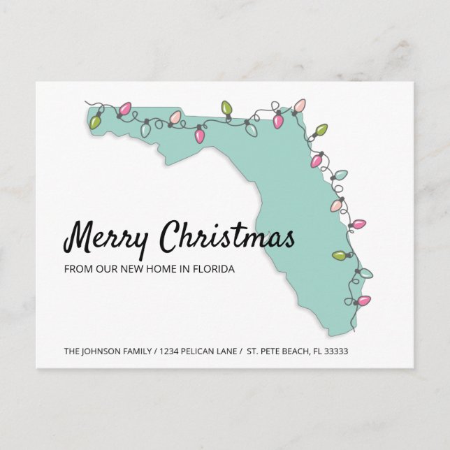 Neue Zuhause Florida Map Weihnachtslichter Bewegun Ankündigungspostkarte (Vorderseite)