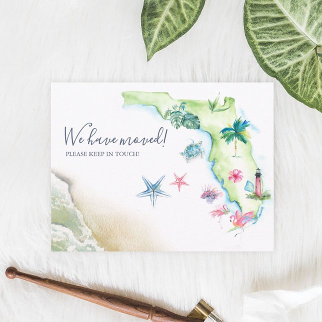 Neue Zuhause Florida Staat-Ankündigung Postkarte (Custom Florida moving announcement cards feature unique watercolor art by Victoria Grigaliunas)
