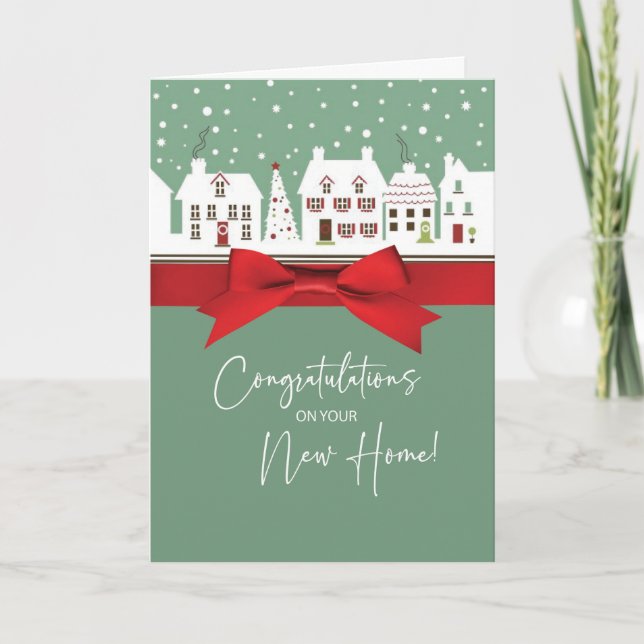 Neue Zuhause gratuliert Winter Light Green Red Karte (Vorderseite)