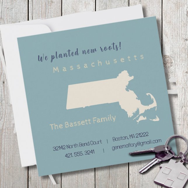Neue Zuhause Massachusetts Moving Announcement Car Mitteilungskarte (Moving to Massachusetts? Send your friends and family a beautiful personalized announcement!)