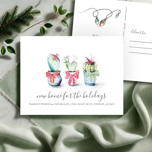 Neue Zuhause Moving Ankündigung Weihnachtskaktus (Christmas cactus new address moving announcement postcard watercolor art by Victoria Grigaliunas)