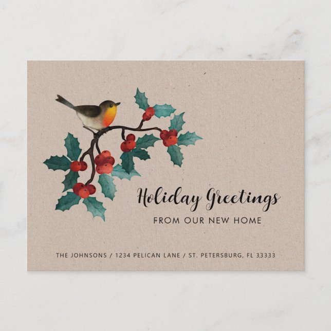 Neue Zuhause Niedlich Bird Holly Berries Weihnacht Ankündigungspostkarte (Vorderseite)