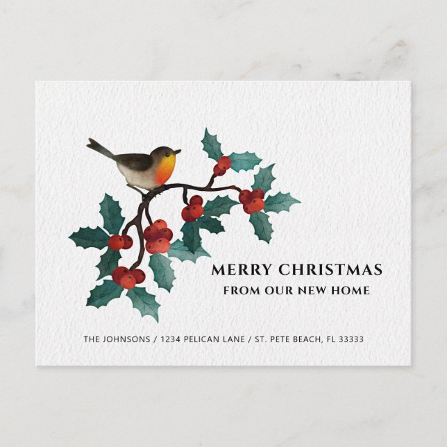 Neue Zuhause Niedlich Bird Holly Berries Weihnacht Ankündigungspostkarte (Vorderseite)