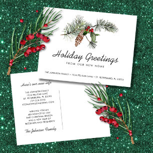 Neue Zuhause Pine Bough Christmas Berries Moving Ankündigungspostkarte