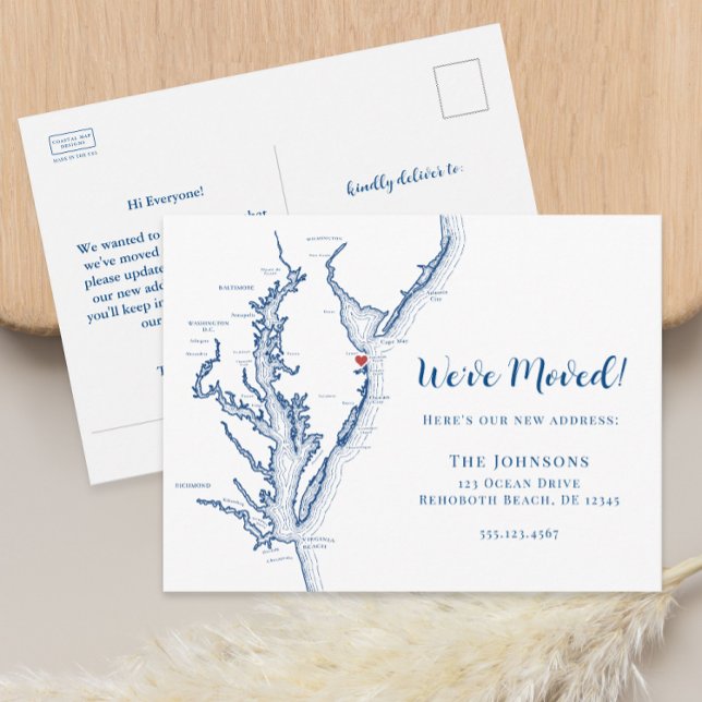 Neue Zuhause RehoBeide Beach DE Map Moving Ankündigungspostkarte (Rehoboth Beach Delaware moving announcement change of address postcard from Coastal Map Designs)