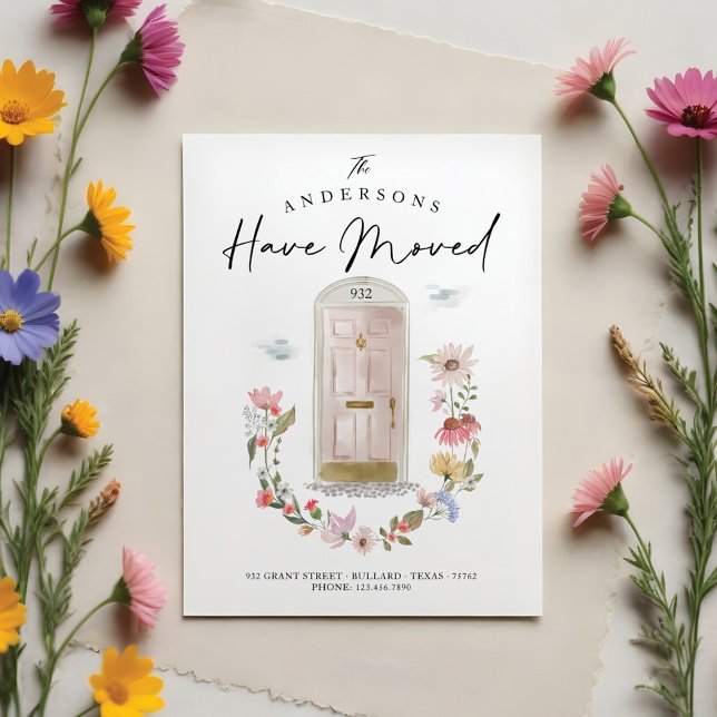 Neue Zuhause Rosa Aquarelltür Wildblume Blütenblum Ankündigung (New Home Pink Watercolor Door Wildflower Floral Announcement)